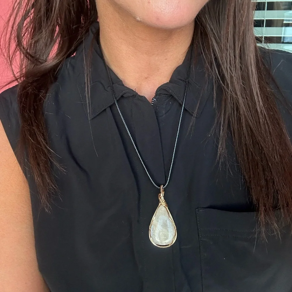 Tarnish Resistant Gold Grounding Copper African Moonstone Necklace Pendant+Cord - Picture 7 of 9